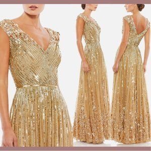 NEW $798 Mac Duggal [ 6‎ ] Sequin & Floral Embellished Evening Gown Gold